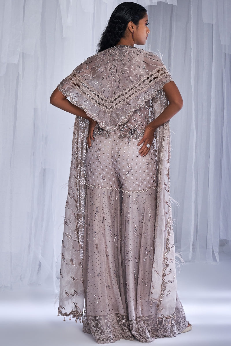Ice Foam Chiffon Sharara With Cape And Waist Coat