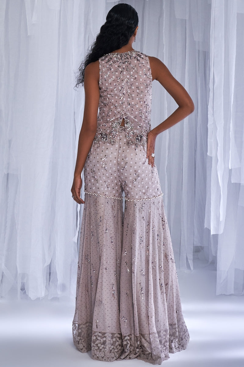 Ice Foam Chiffon Sharara With Cape And Waist Coat