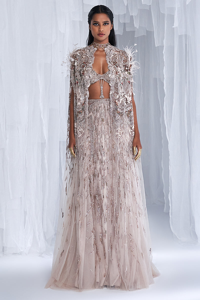 Amethyst Ivory Tulle Fitted Skirt And Jacket Set