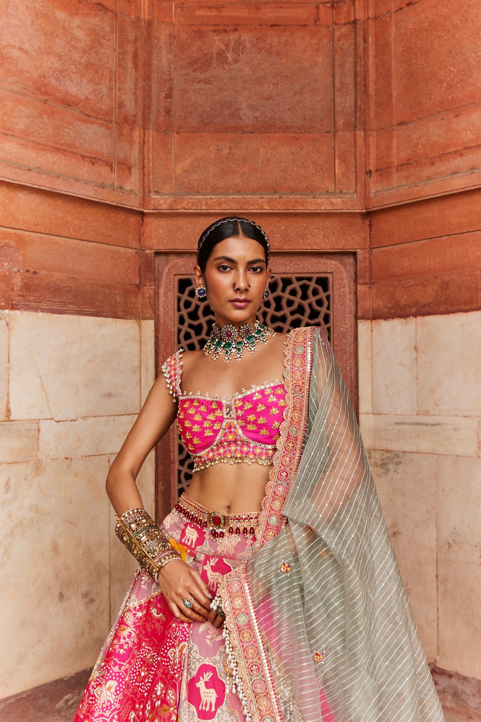 Hot Pink Banarsi Woven Lehenga
