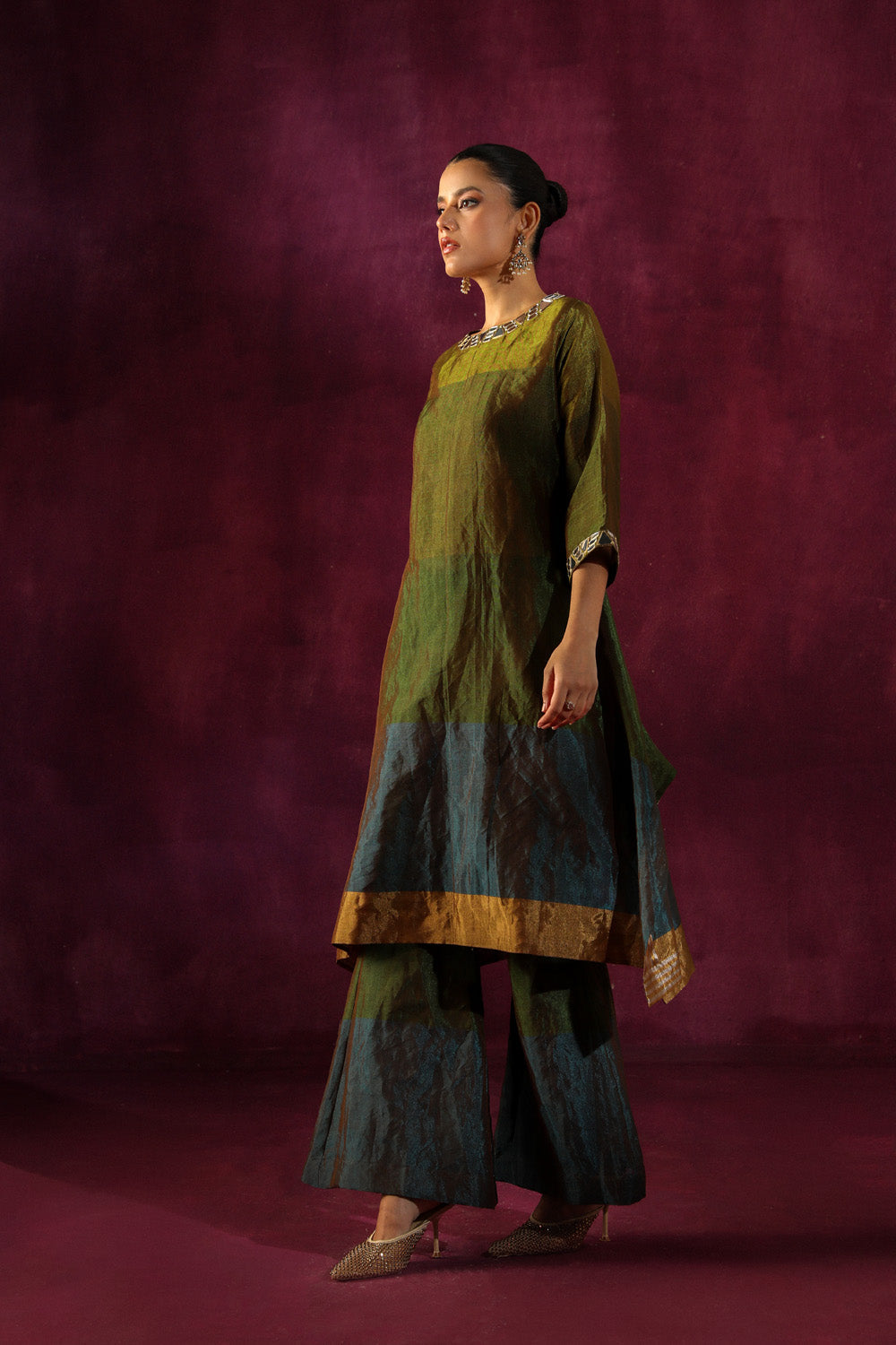 Mirror Embellished Asym Tissue Kurta with Asym High Waist Pants Set