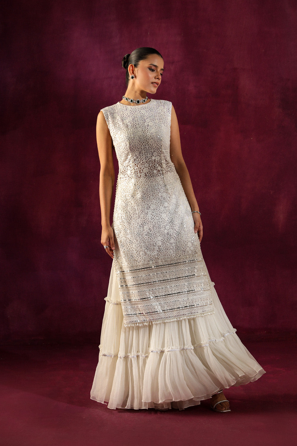 Embellished Layered Shararas in Crinkled Chiffon