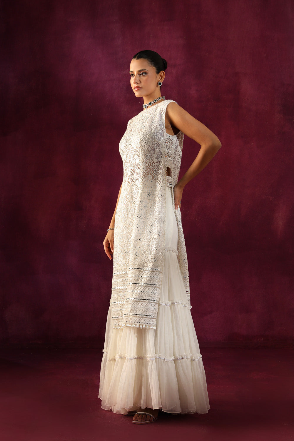 Embellished Layered Shararas in Crinkled Chiffon