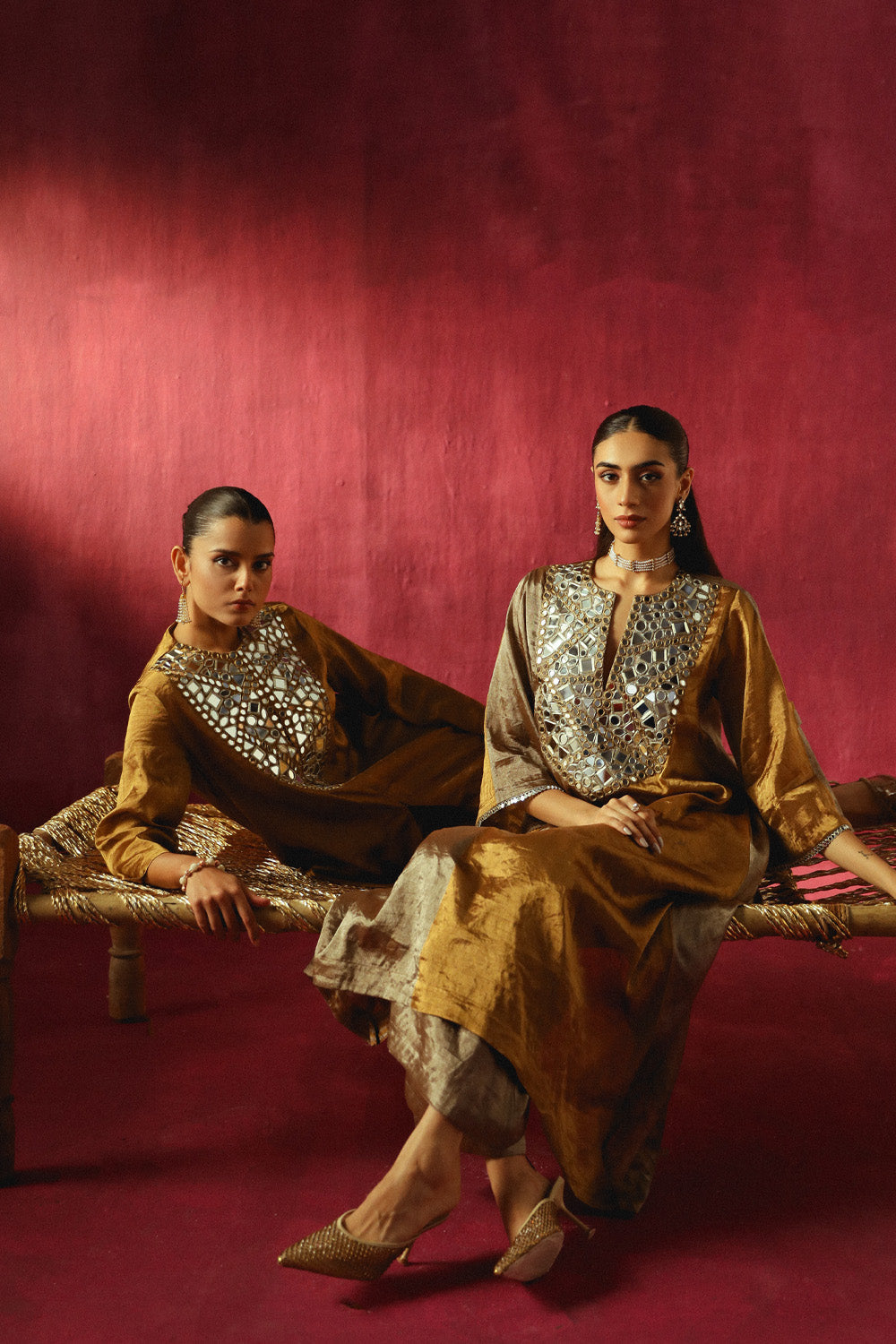 Mirror Embellished Tissue Asym Kurta & Bell Bottoms Set