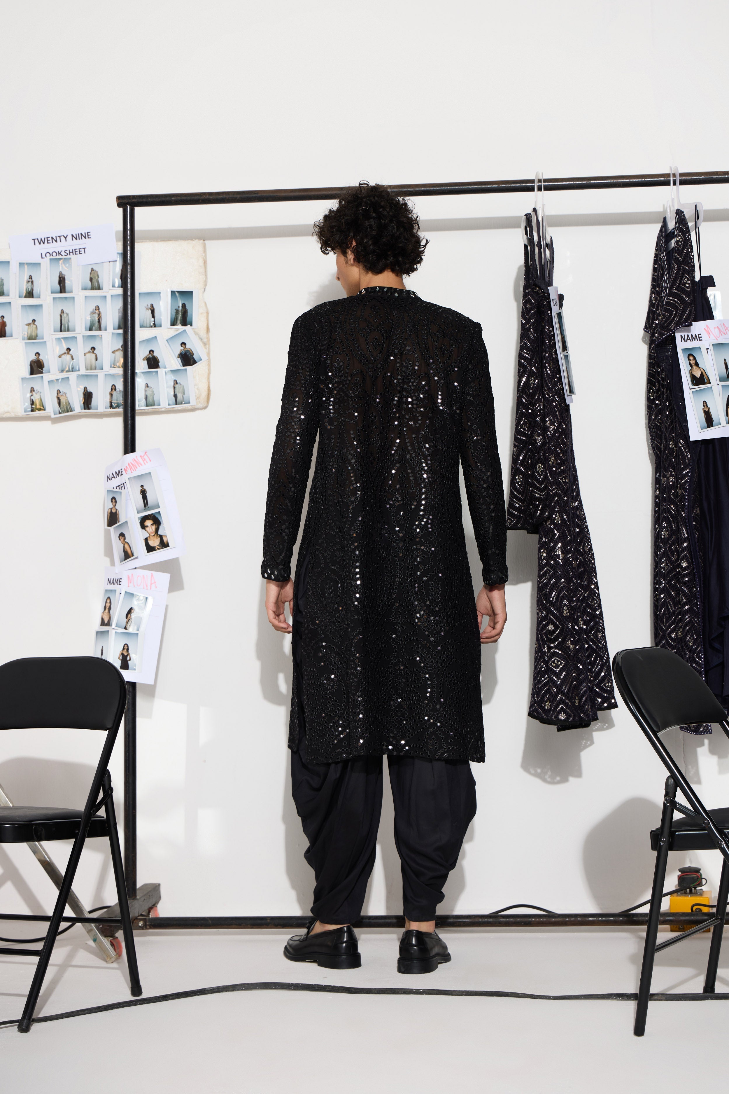 Black Mirrorwork Sherwani With Cowl Dhotis