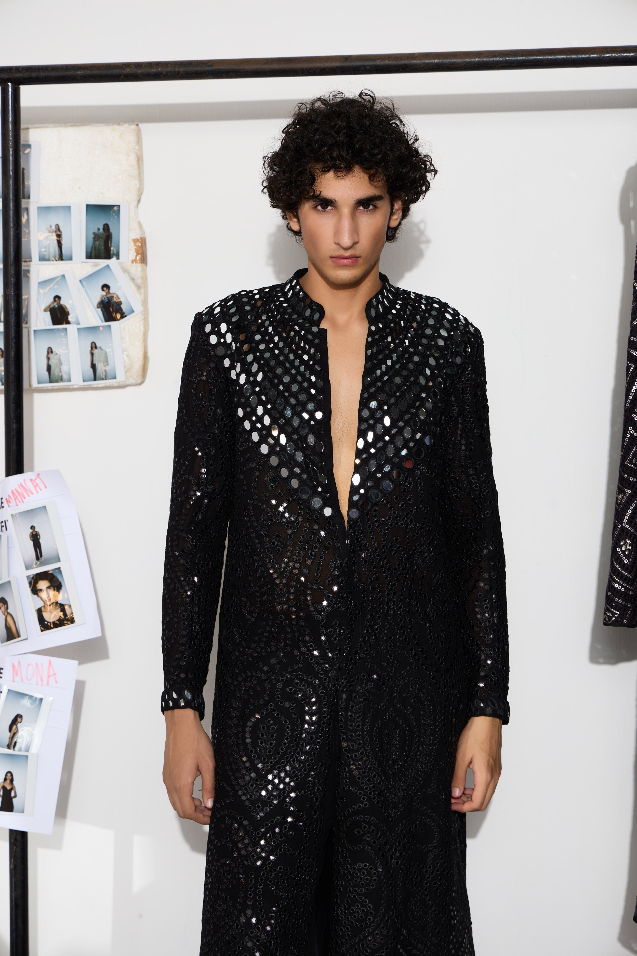 Black Mirrorwork Sherwani With Cowl Dhotis