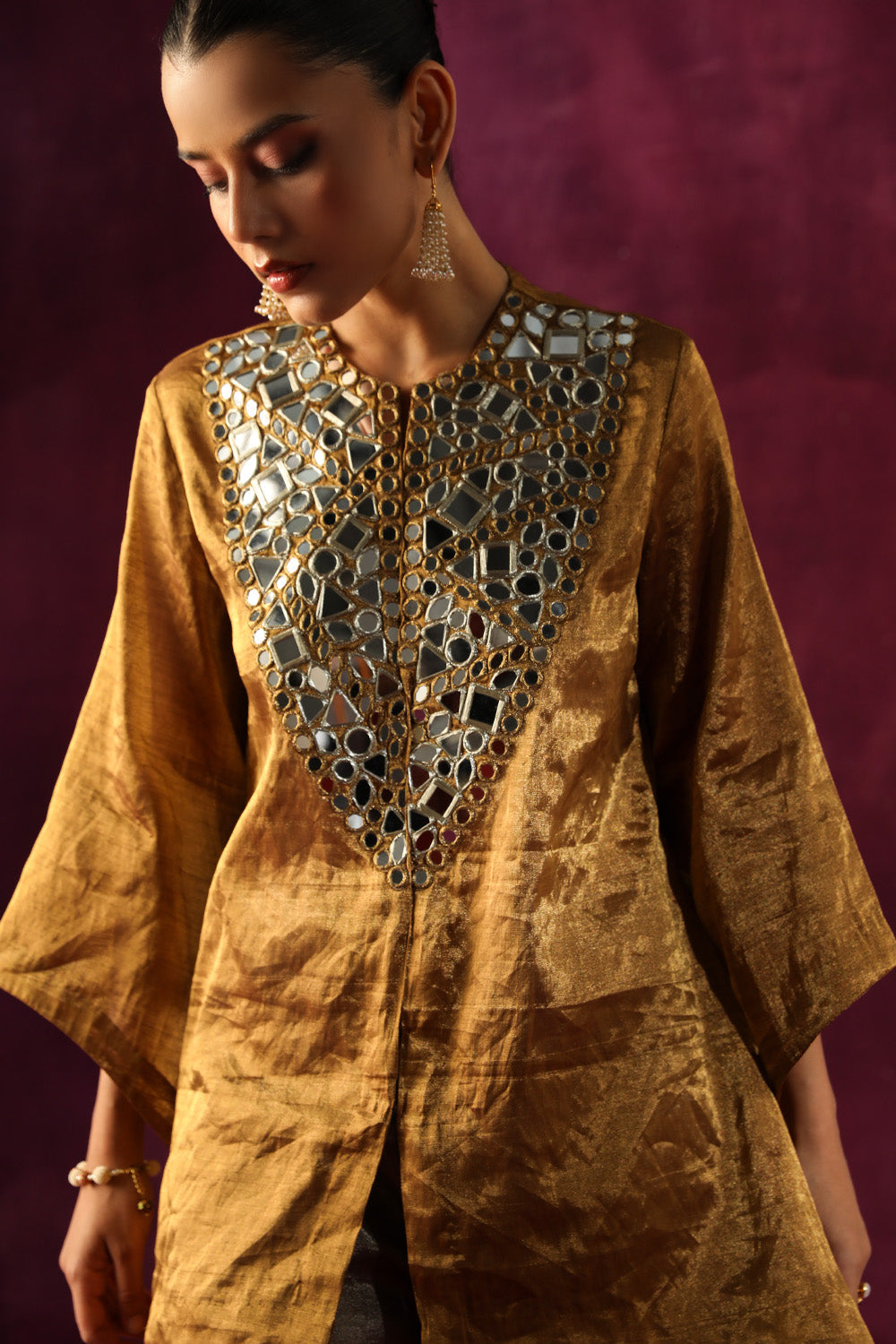 Mirror Embellished Tissue Jacket & Bell Bottoms Set