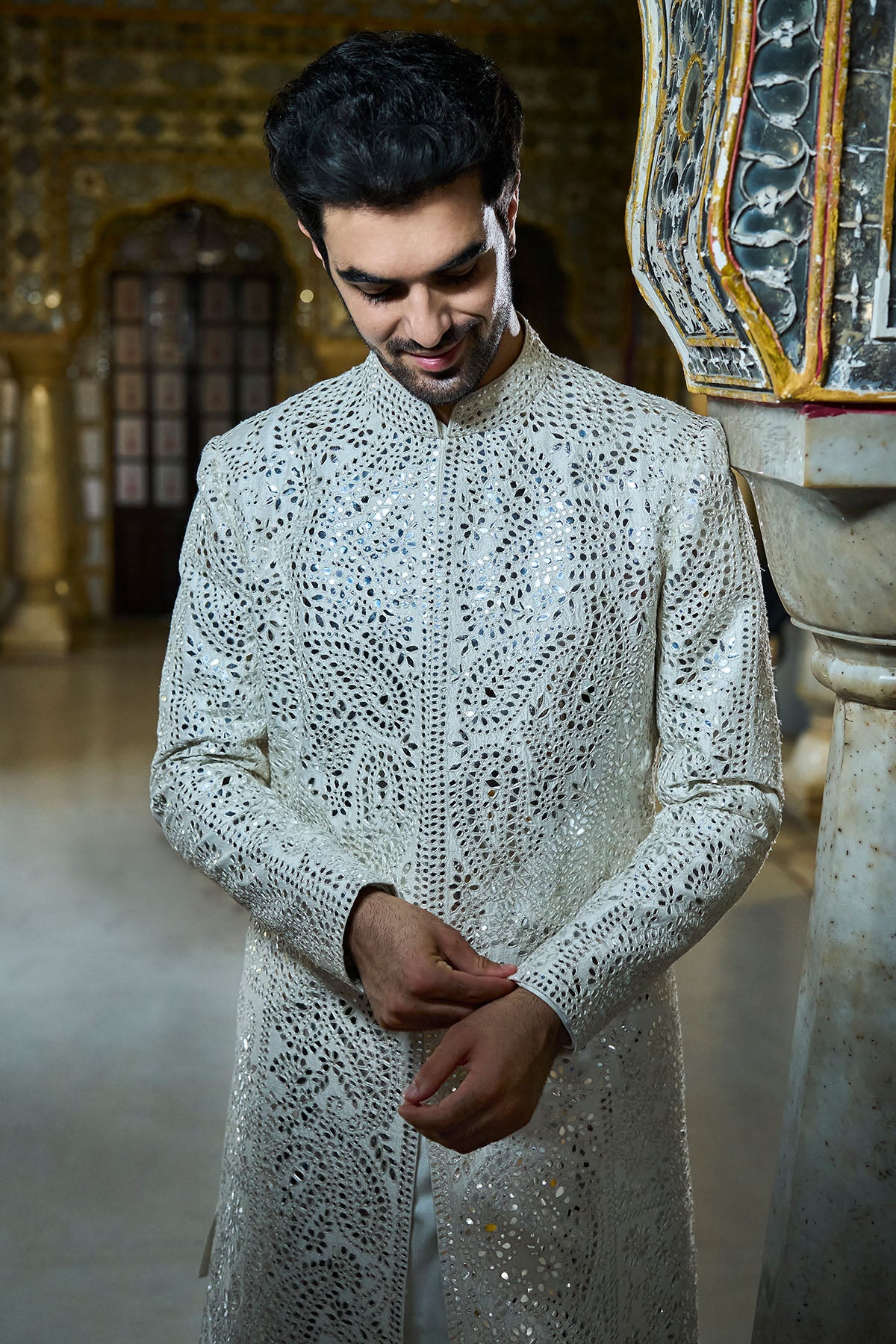 Ivory Mirror Work Sherwani Set