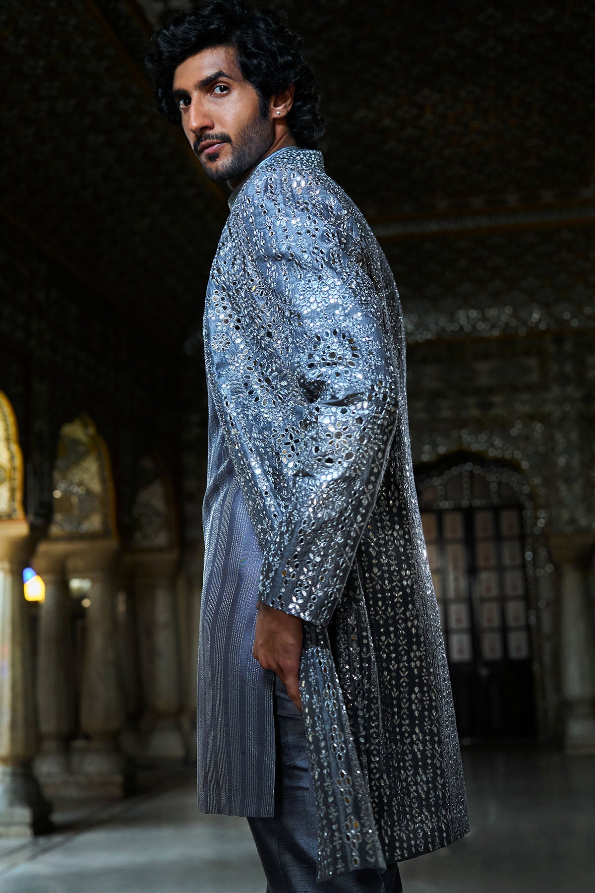 Steel Grey Mirror Work Open Jacket Set