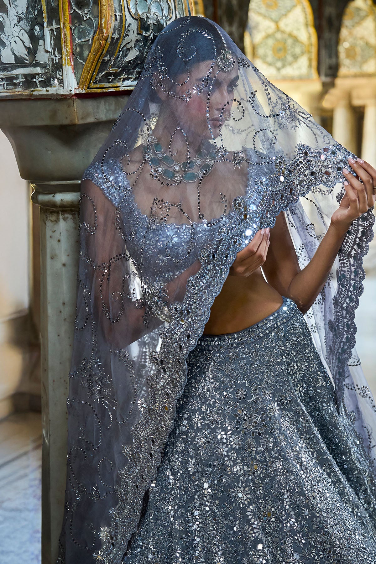 Steel Grey Mirror Work Lehenga Set