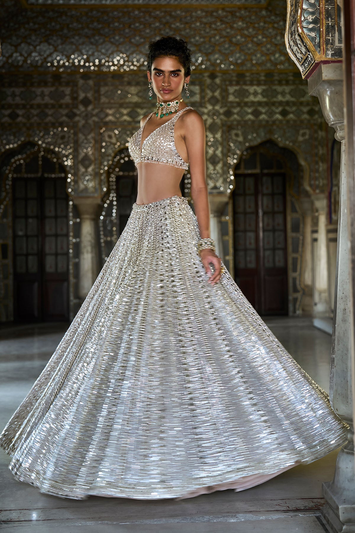 Champagne Mirror Work Lehenga Set