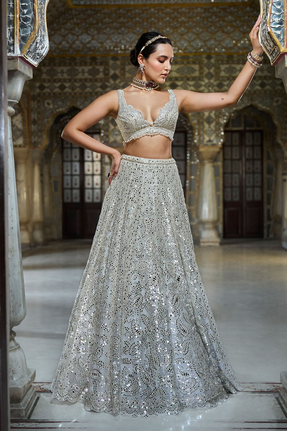 Ivory Mirror Work Lehenga Set