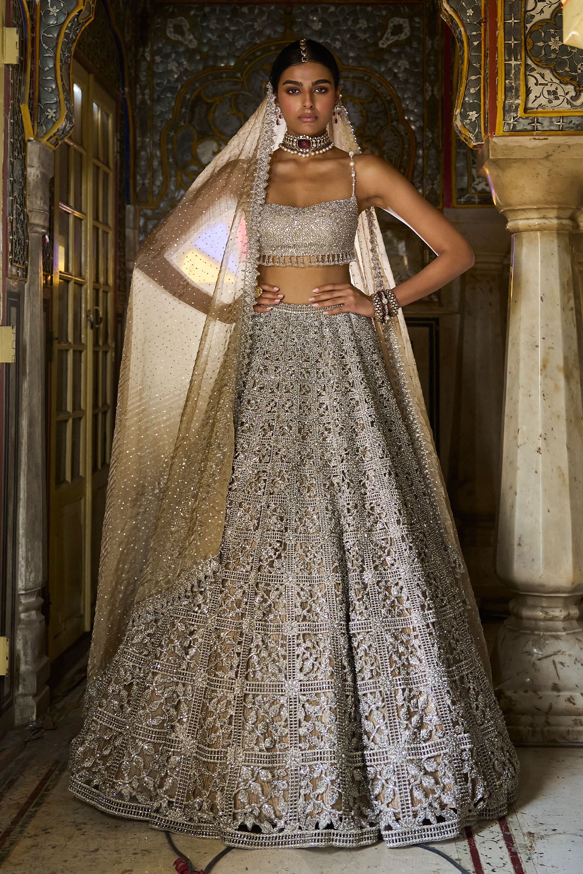 Silver Geometric Cut work Lehenga