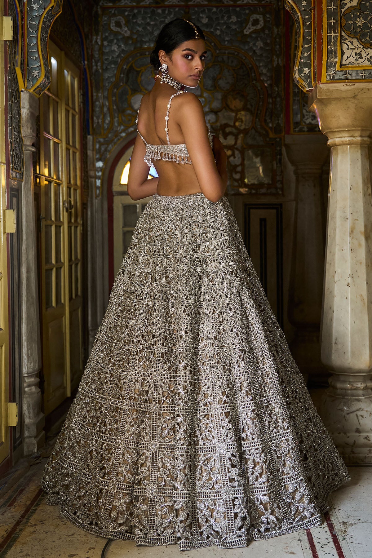 Silver Geometric Cut work Lehenga