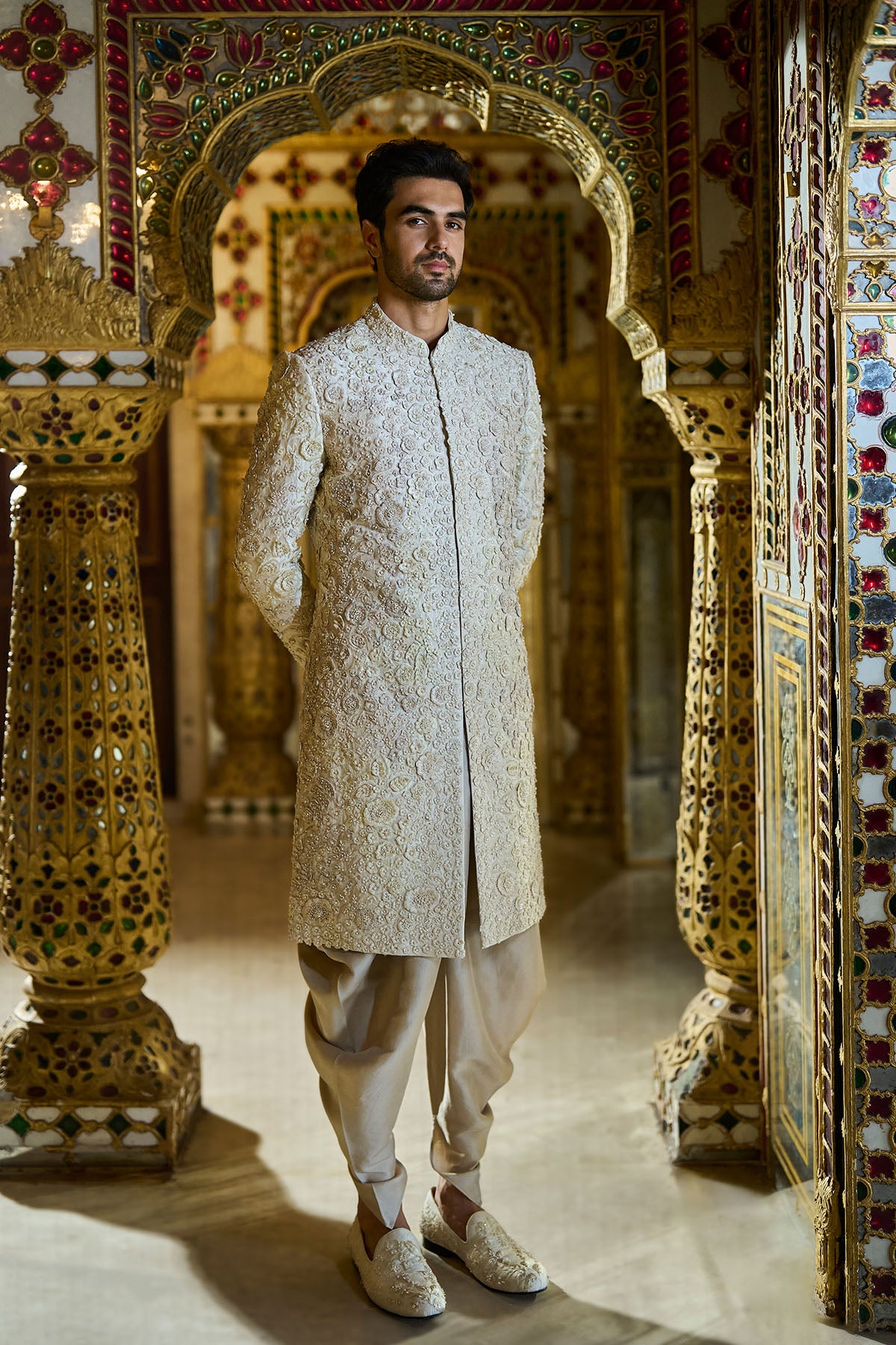 Vinatge Ivorry Three-Dimensional Sherwani Set