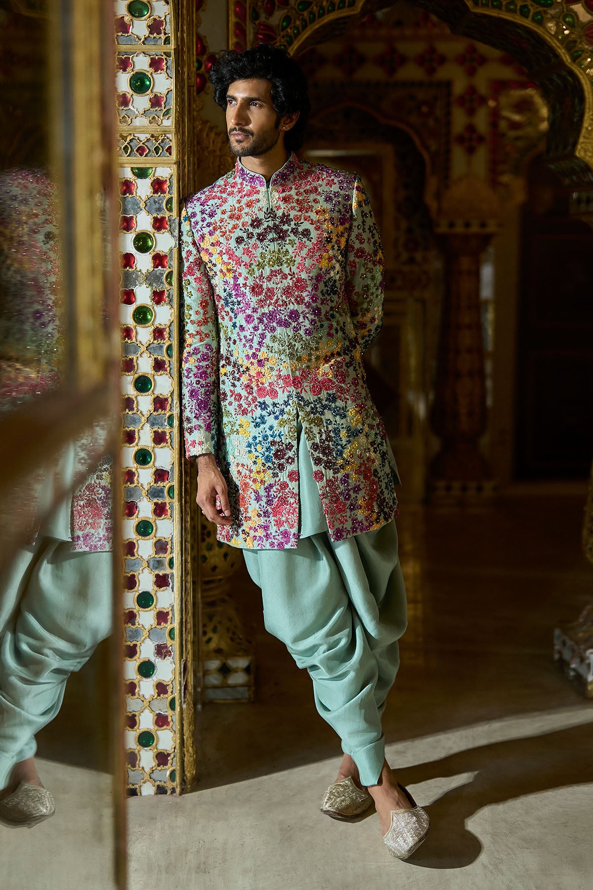 Sage Green Multi- Coloured Three-Dimenisonal Sherwani Set