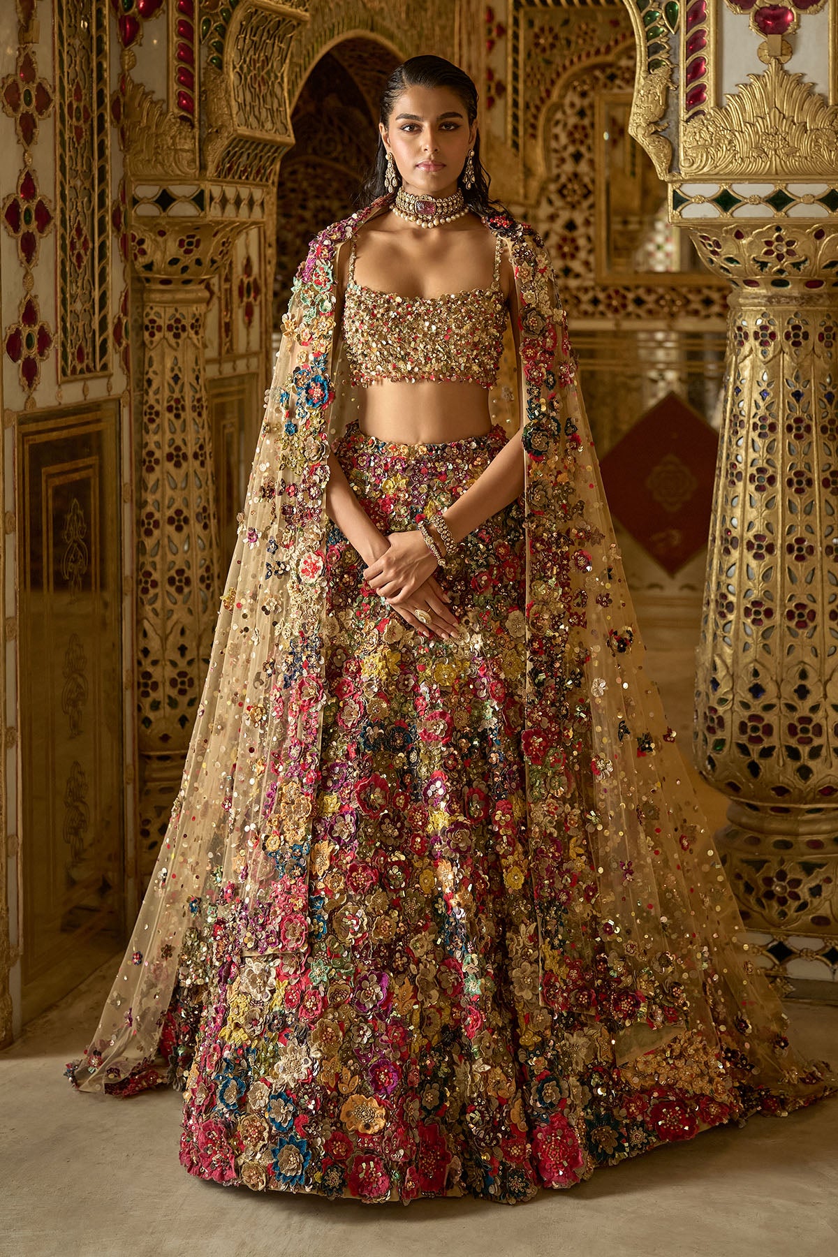 Multi-Coloured Three-Dimensional Floral Lehenga Set