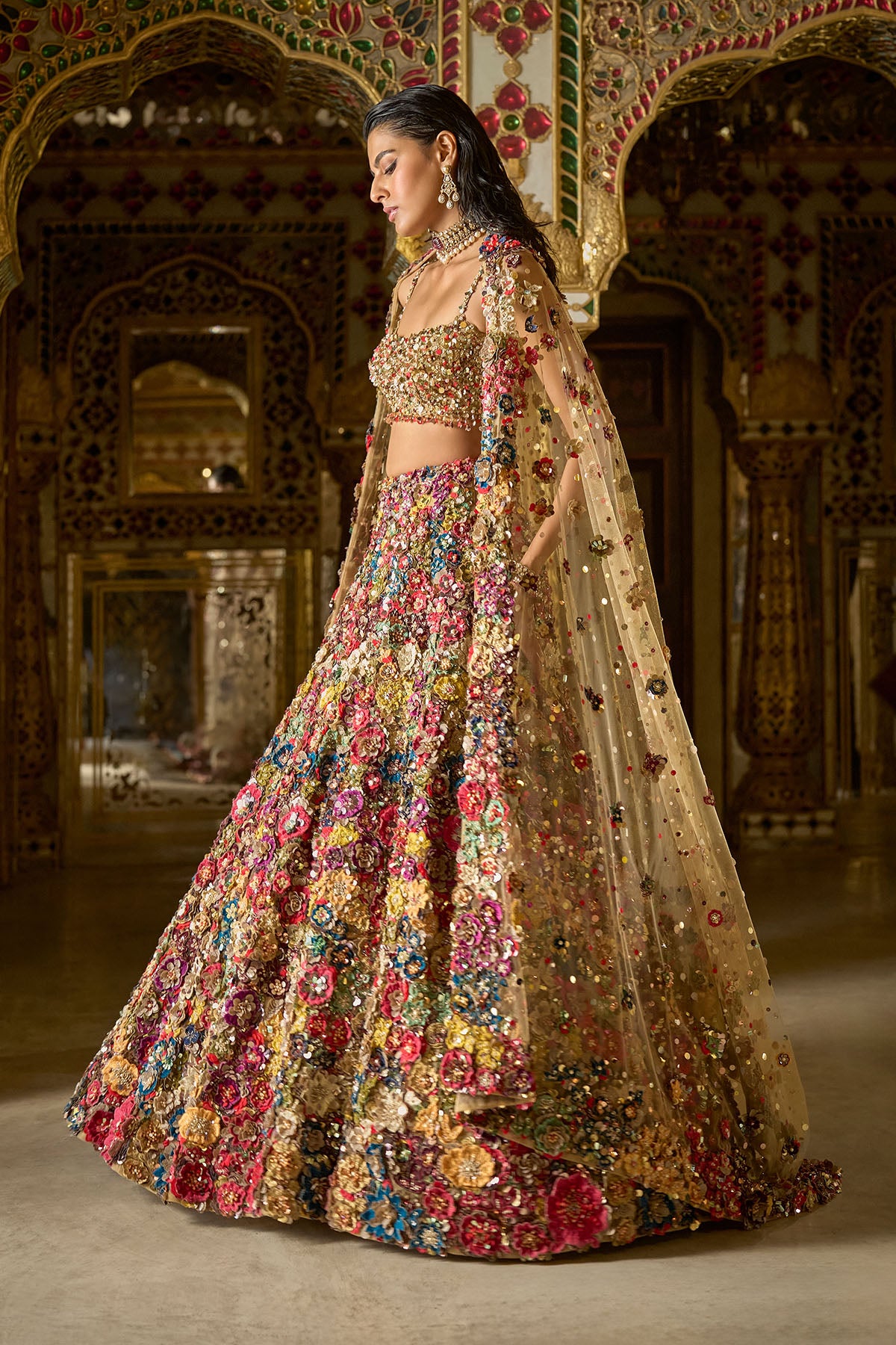 Multi-Coloured Three-Dimensional Floral Lehenga Set