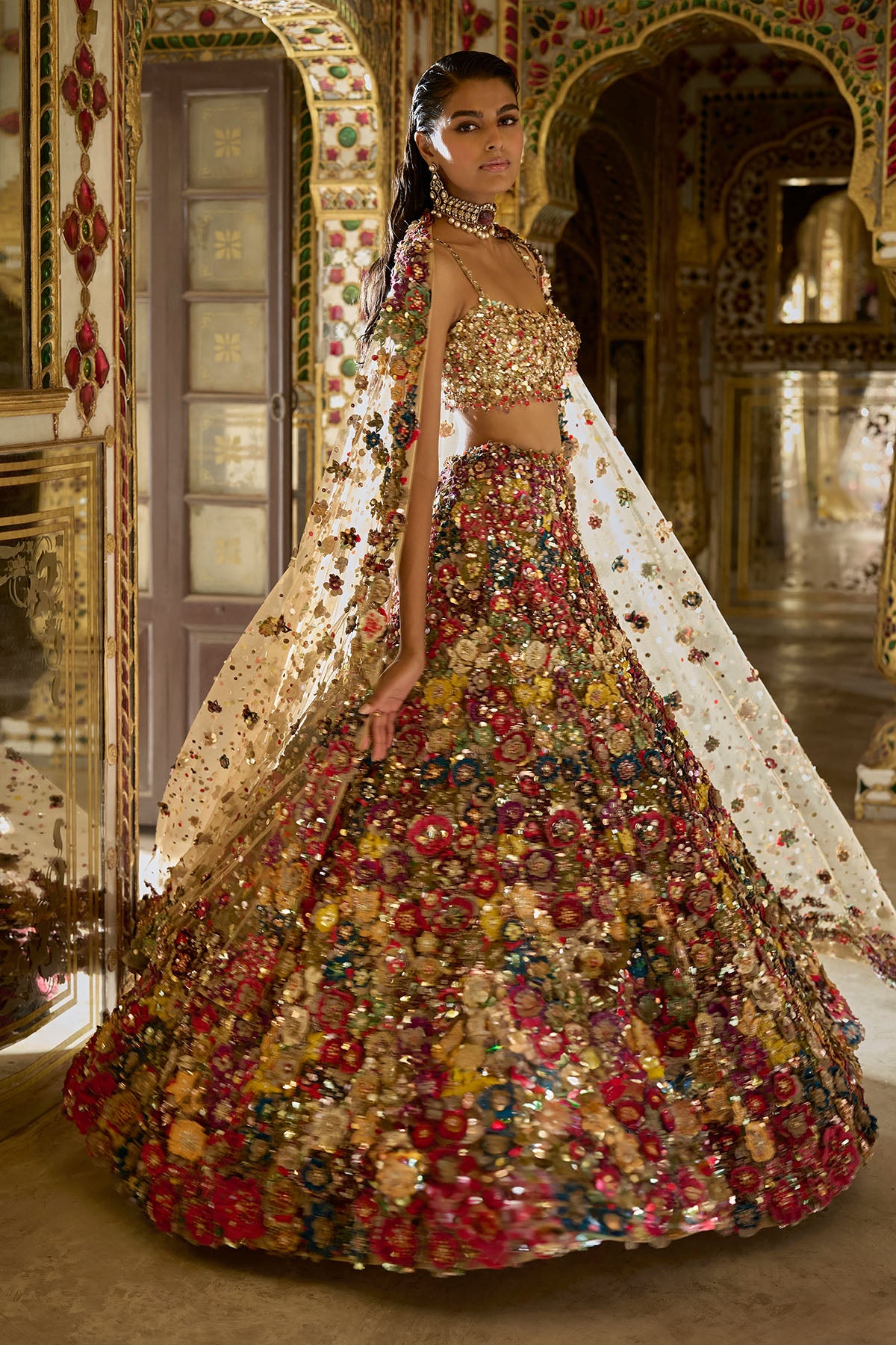 Multi-Coloured Three-Dimensional Floral Lehenga Set