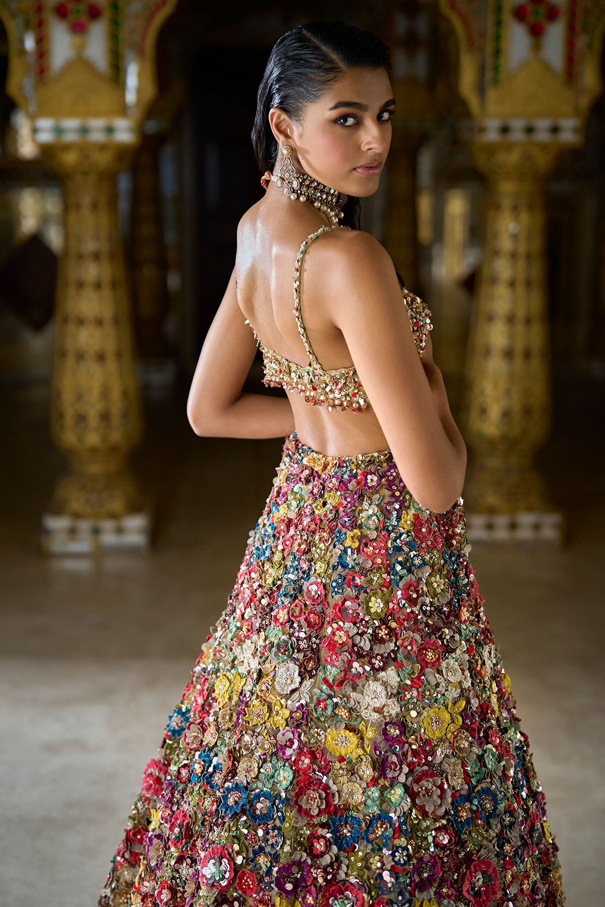 Multi-Coloured Three-Dimensional Floral Lehenga Set