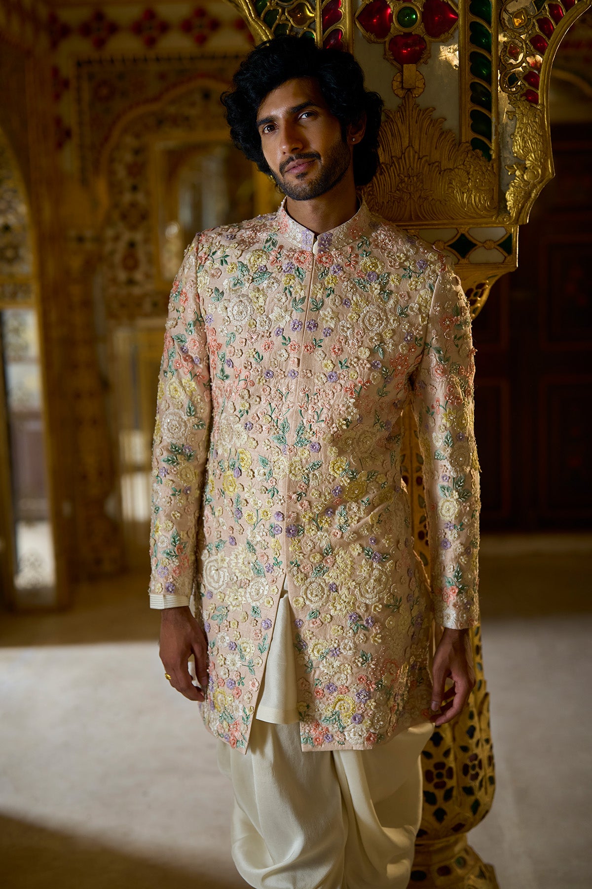 Cream Multi-Coloured Three- Dimensional Sherwani Set