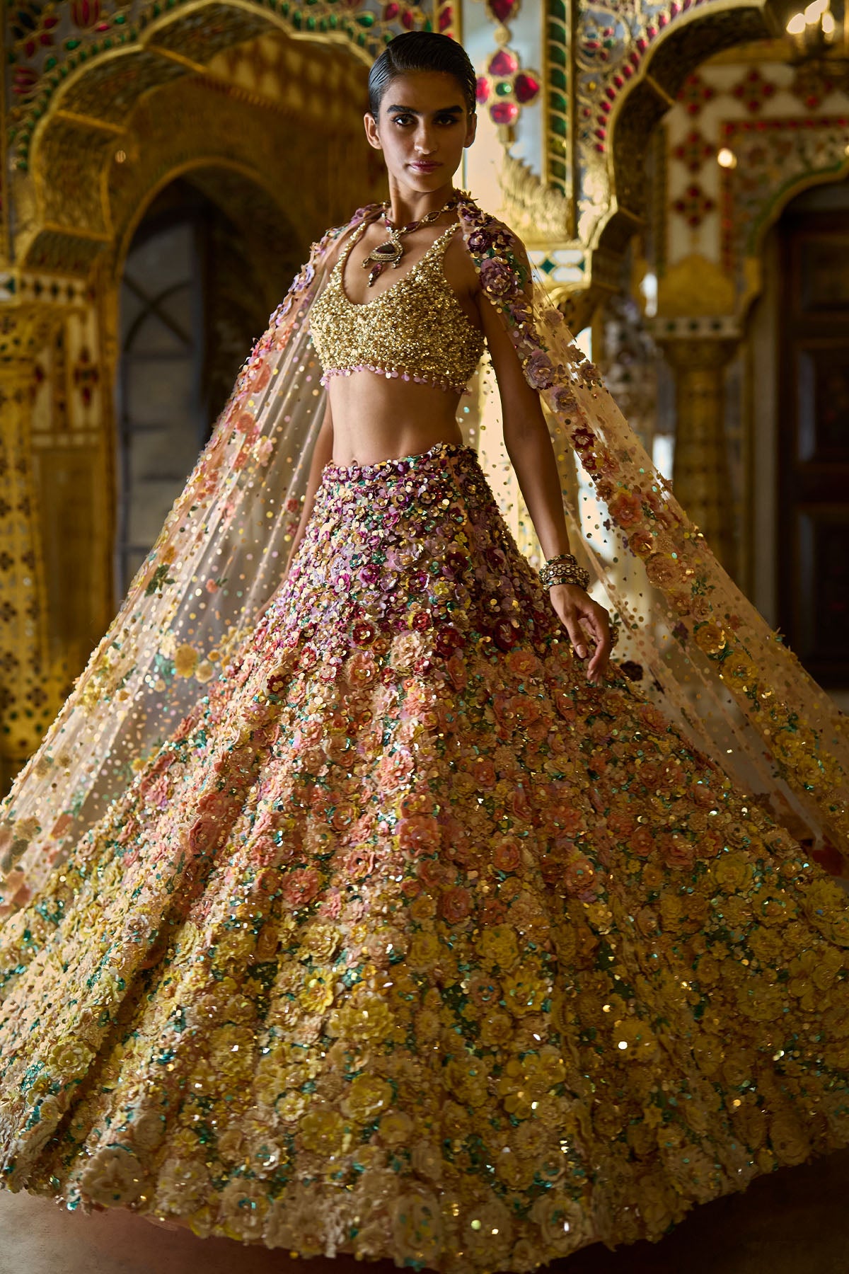 Ombre Multi-Coloured Three-Dimensional Floral Lehenga Set