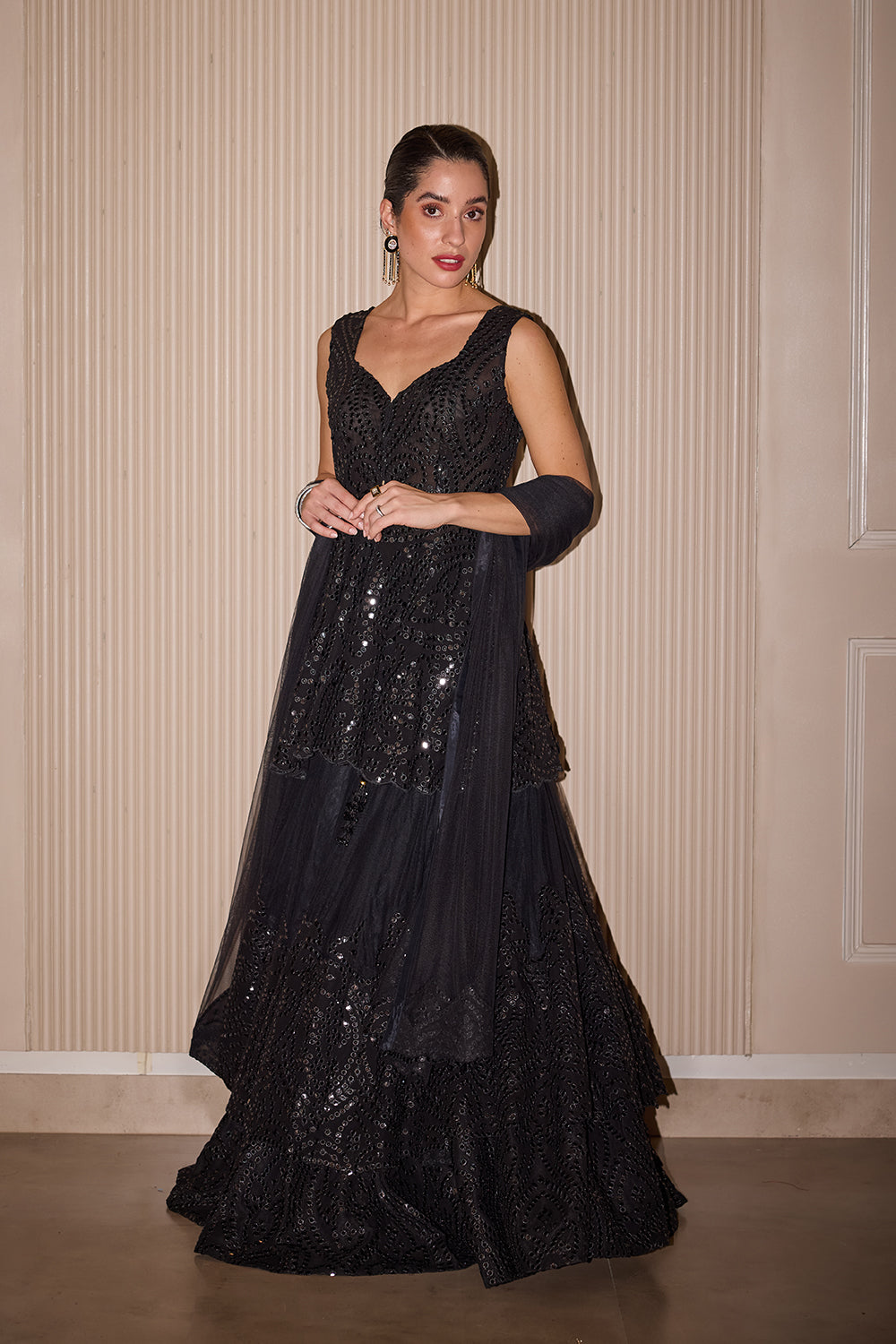 Black Mirror Applique Layered lehenga Set