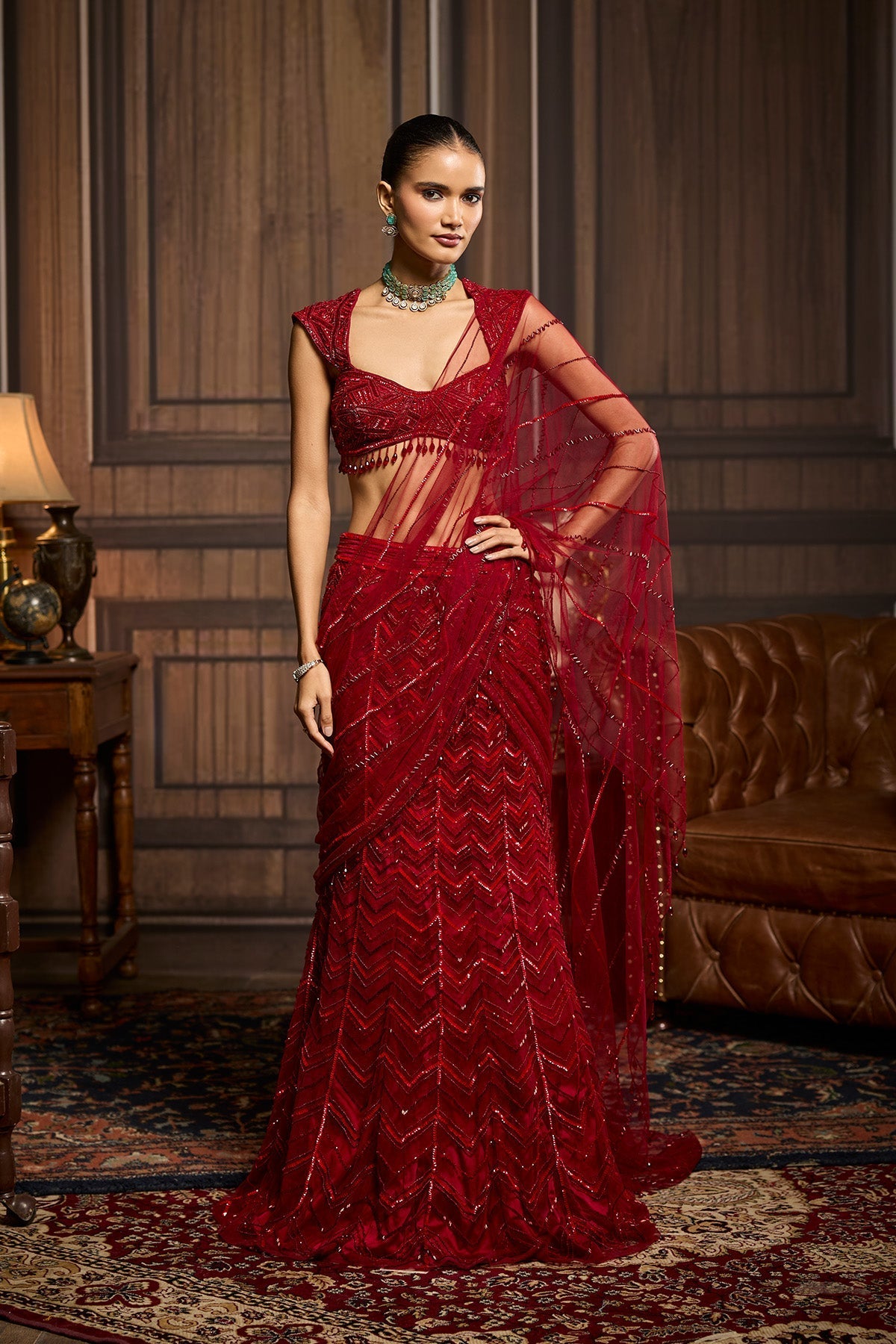 Red Embellished Draped Pre-Draped Skirt Saree Set