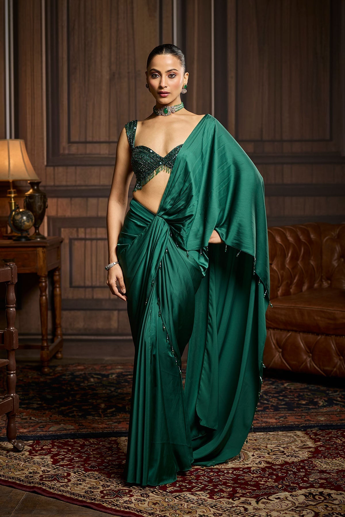 Emerald Green Embellished Blouse And Pre-Draped Dhoti Saree Set
