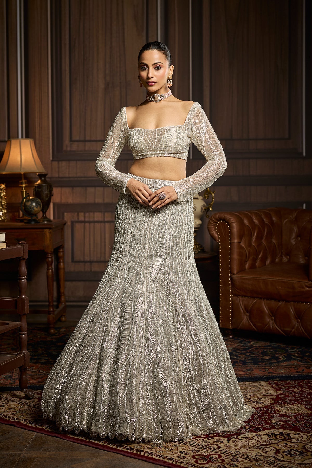 Silver Fully Embellished Mermaid Skirt Set