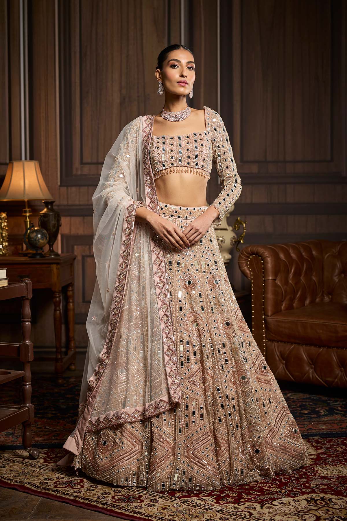 Blush Pink Embellished Mirrorwork Lehenga Set