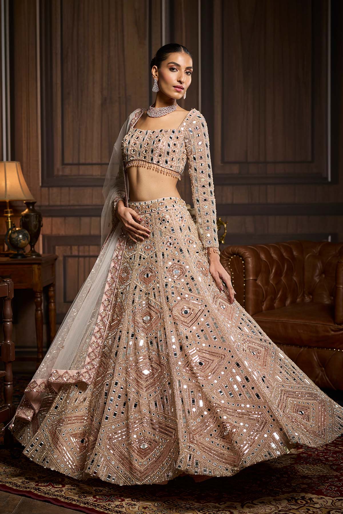 Blush Pink Embellished Mirrorwork Lehenga Set