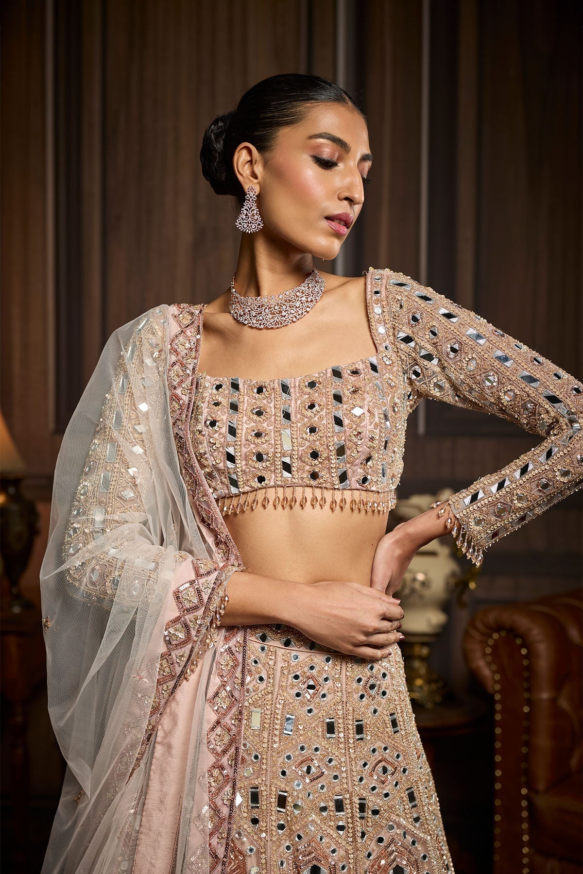Blush Pink Embellished Mirrorwork Lehenga Set
