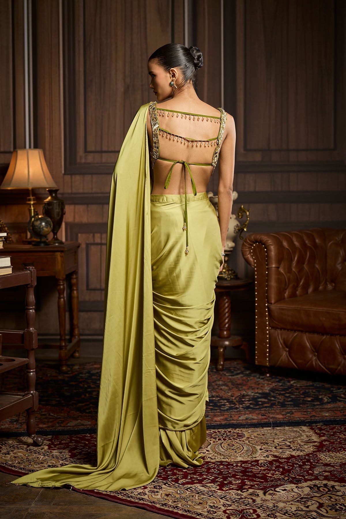 Pear Green Embroidered Blouse And Pre Draped Saree Set
