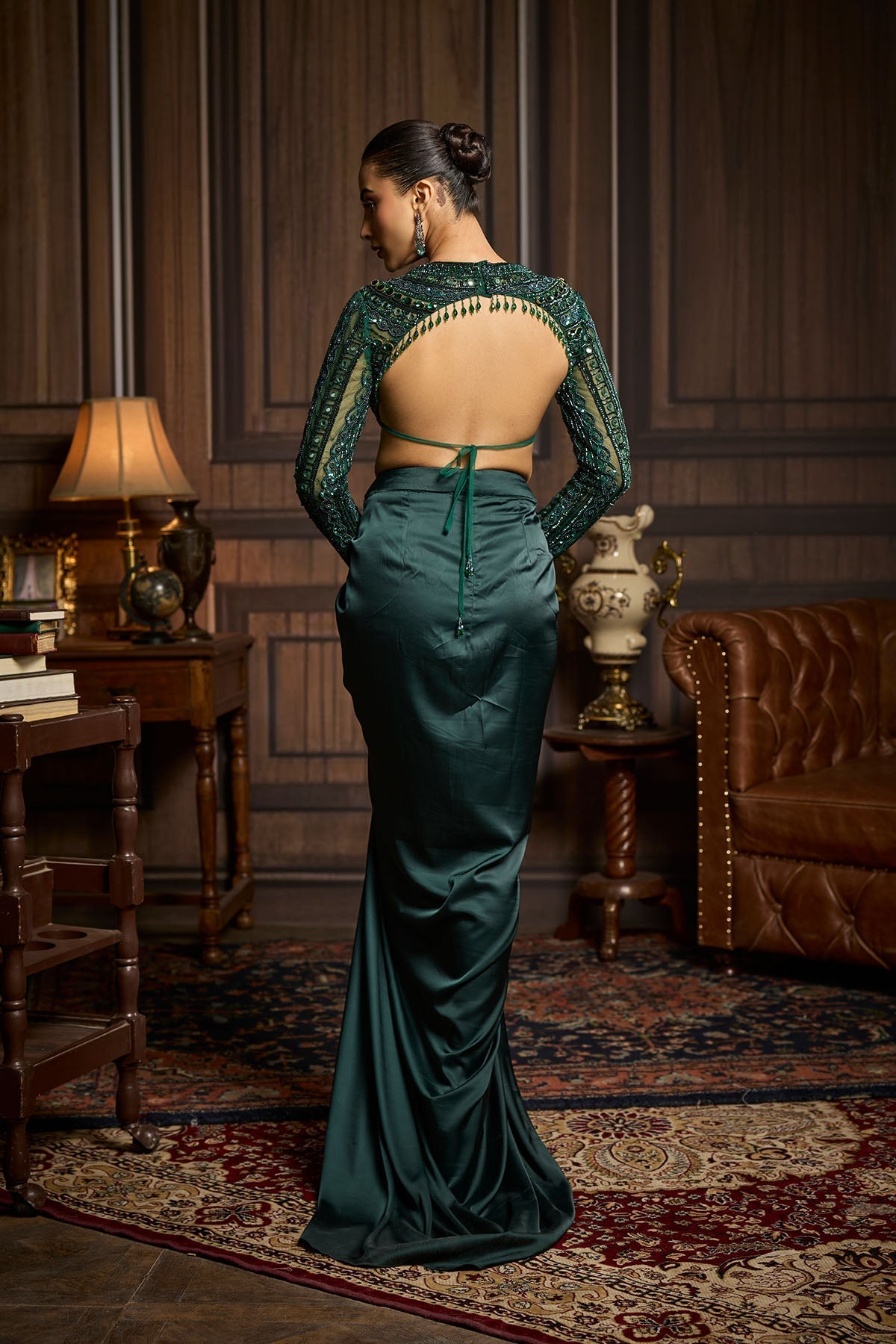 Emerald Green Embroidered Blouse And Draped Skirt Set