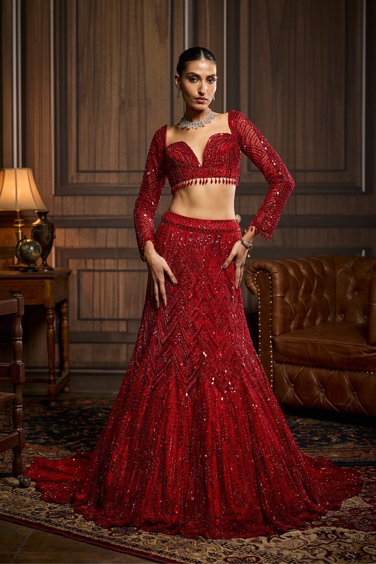 Vermillion Red Embroidered Mermaid Skirt Set