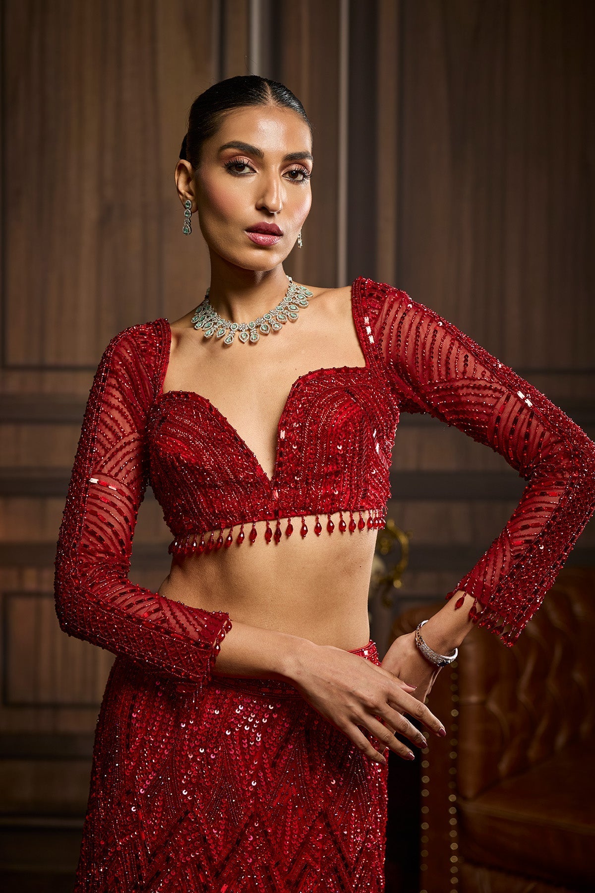 Vermillion Red Embroidered Mermaid Skirt Set