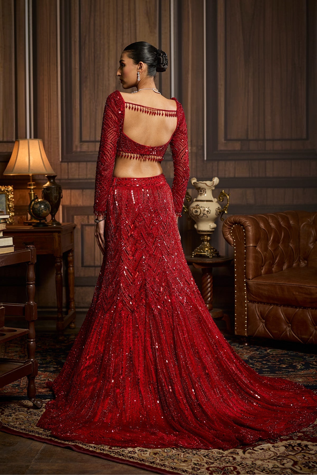 Vermillion Red Embroidered Mermaid Skirt Set