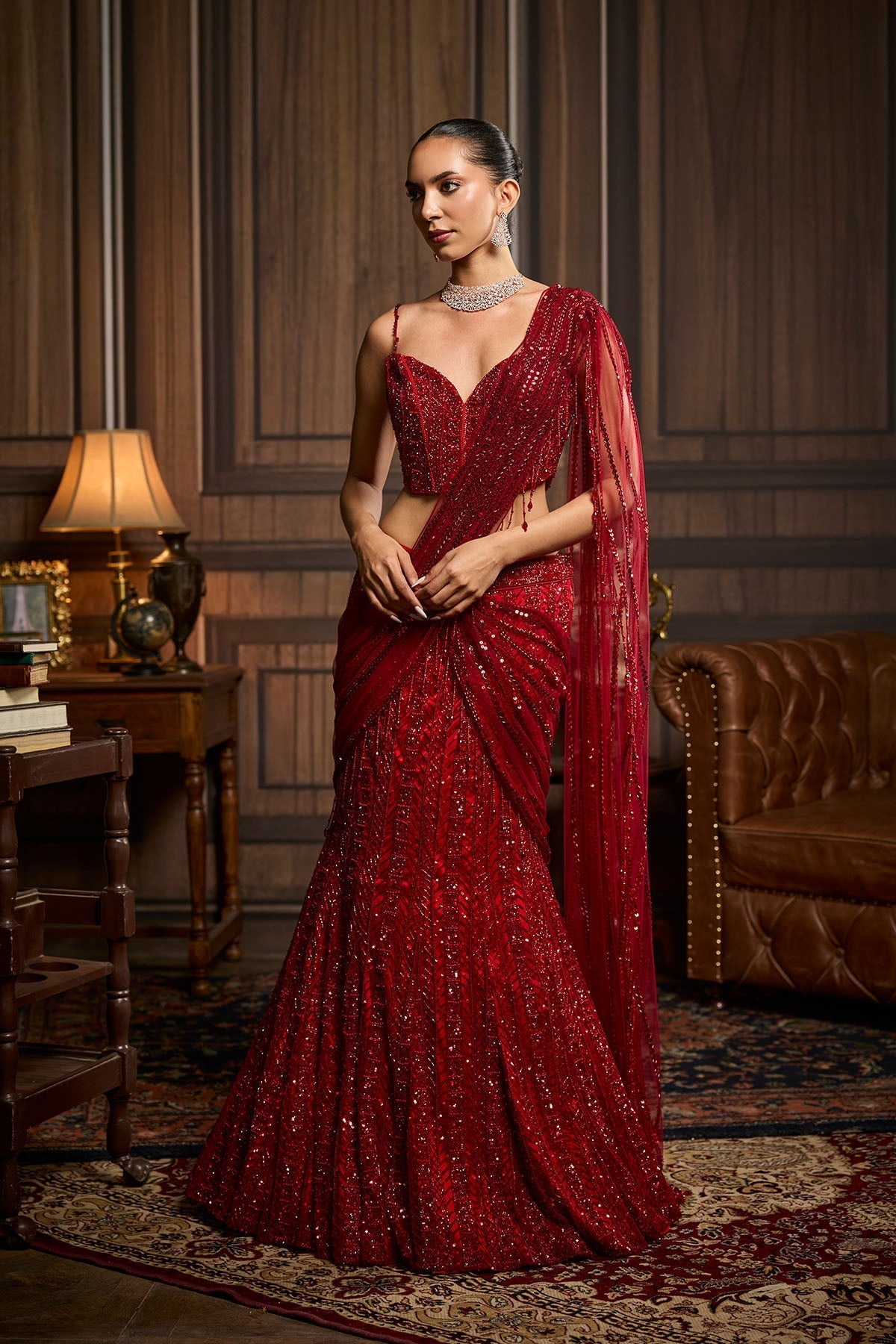 Vermillion Red Embellished Pre-Draped Skirt Saree Set