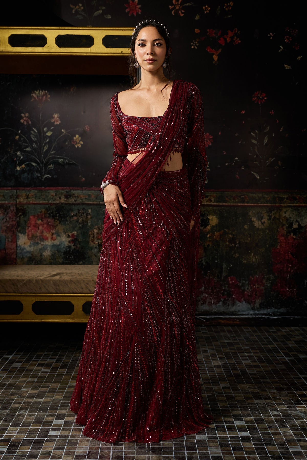 Maroon Embellished Mermaid Skirt Saree Set - Ready To Ship