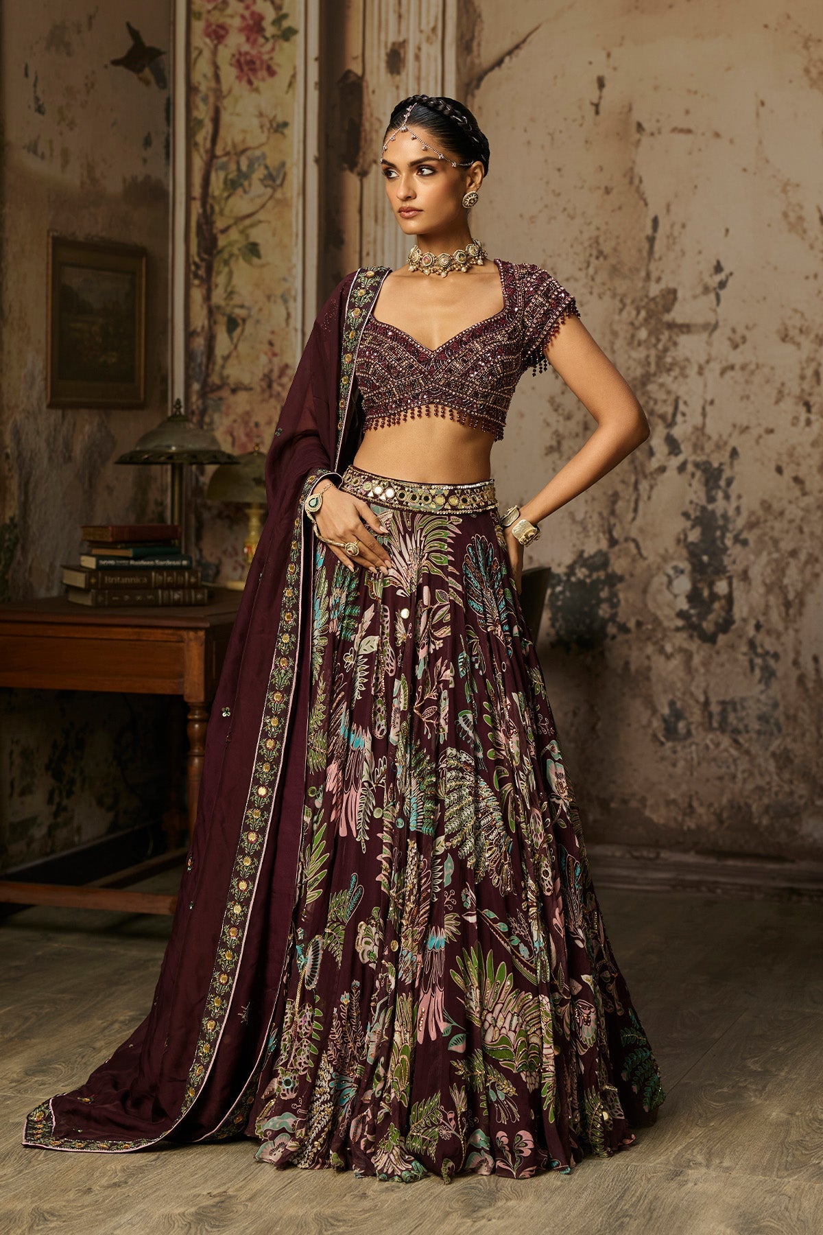 Plum Embroidered Blouse With Printed Lehenga Set - Ready To Ship