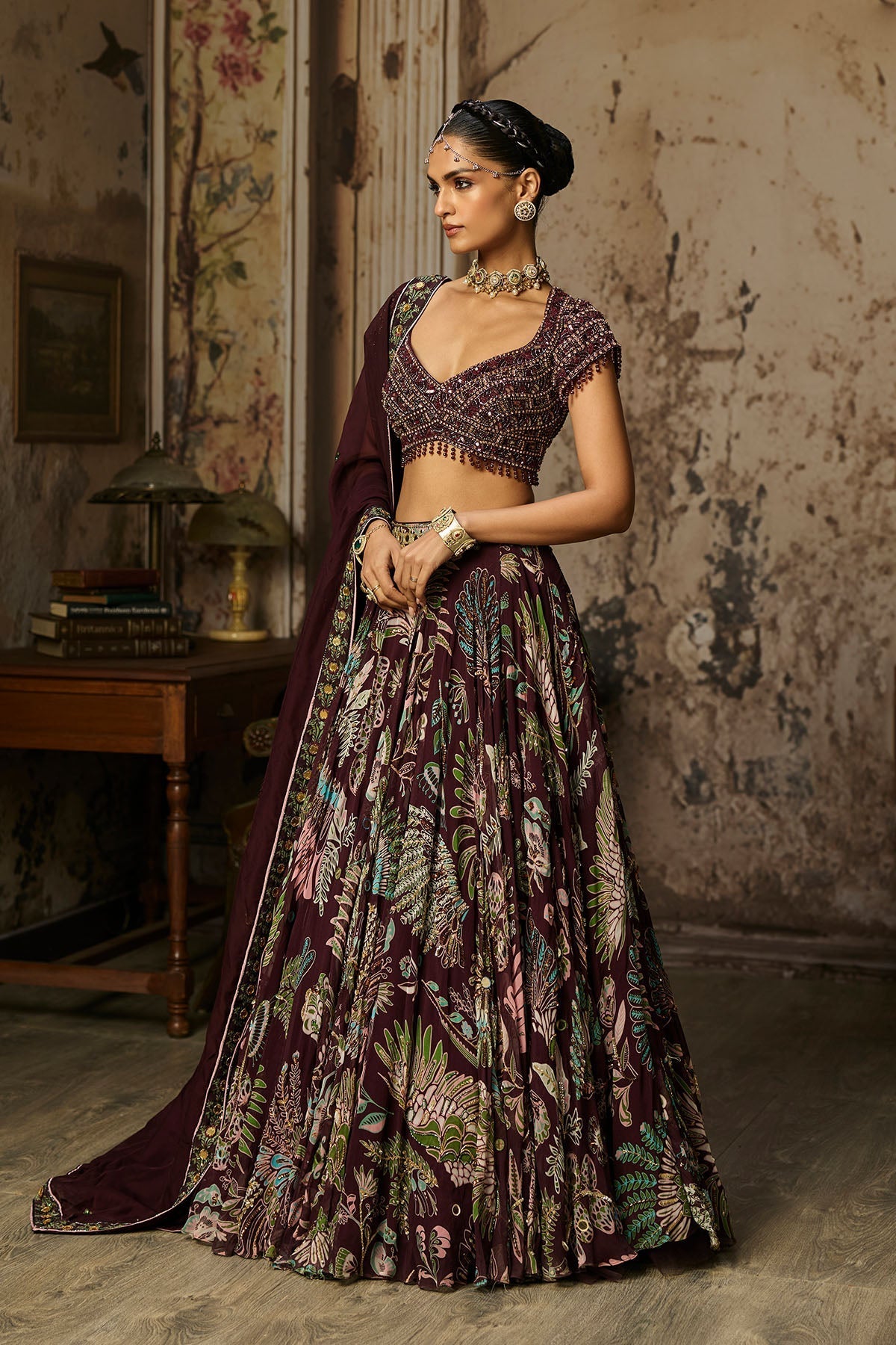 Plum Embroidered Blouse With Printed Lehenga Set - Ready To Ship