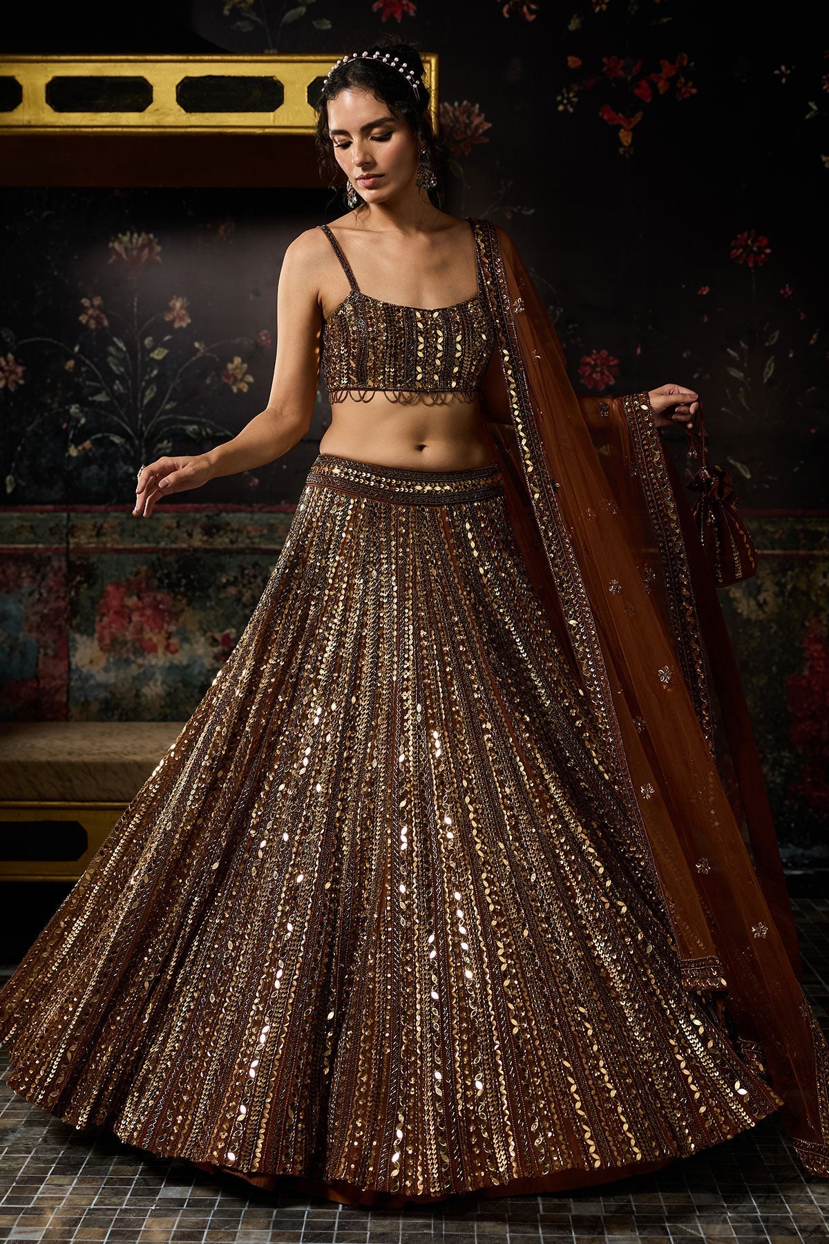 Metallic Gold Embellished Mirrorwork Lehenga Set - Ready To Ship