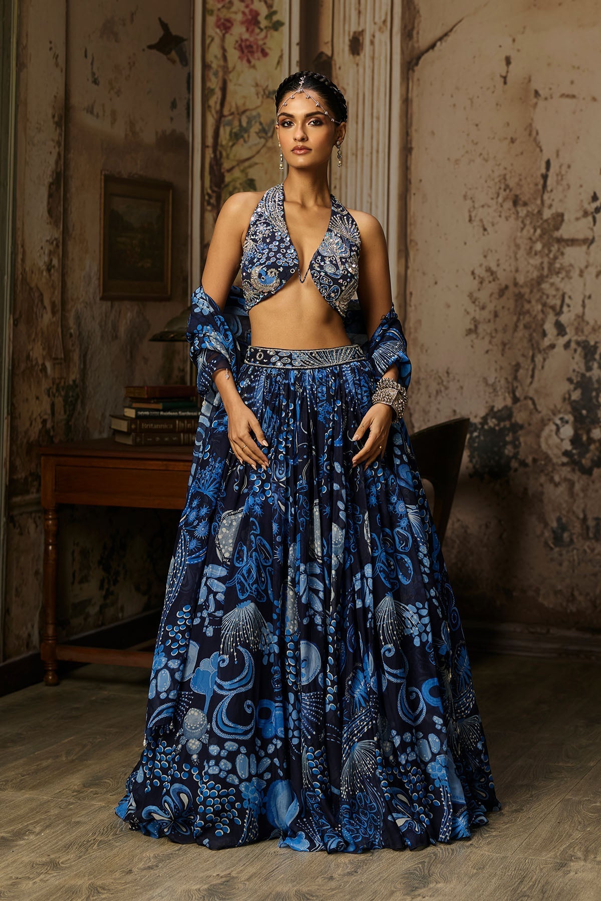 Navy Blue Printed & Highlighted Lehenga Set - Ready To Ship