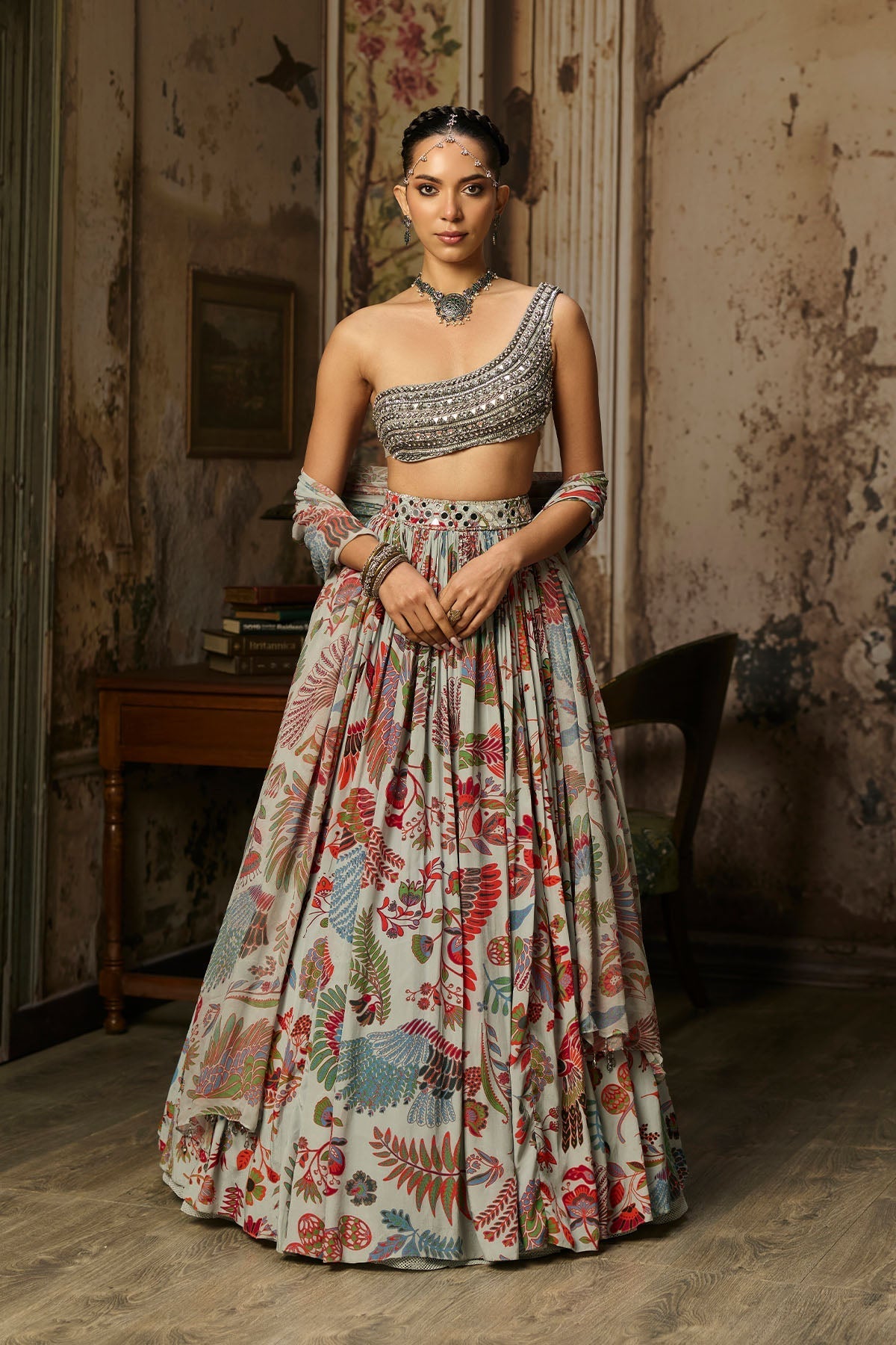 Slate Grey Embroidered Blouse With Printed Lehenga Set - Ready To Ship