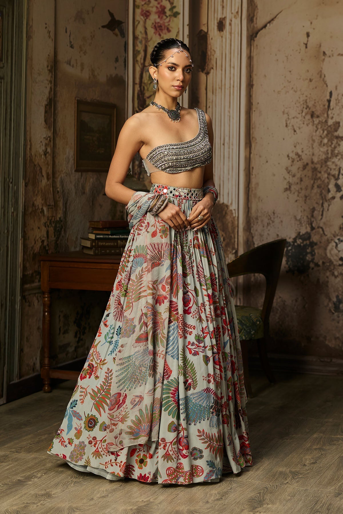 Slate Grey Embroidered Blouse With Printed Lehenga Set - Ready To Ship