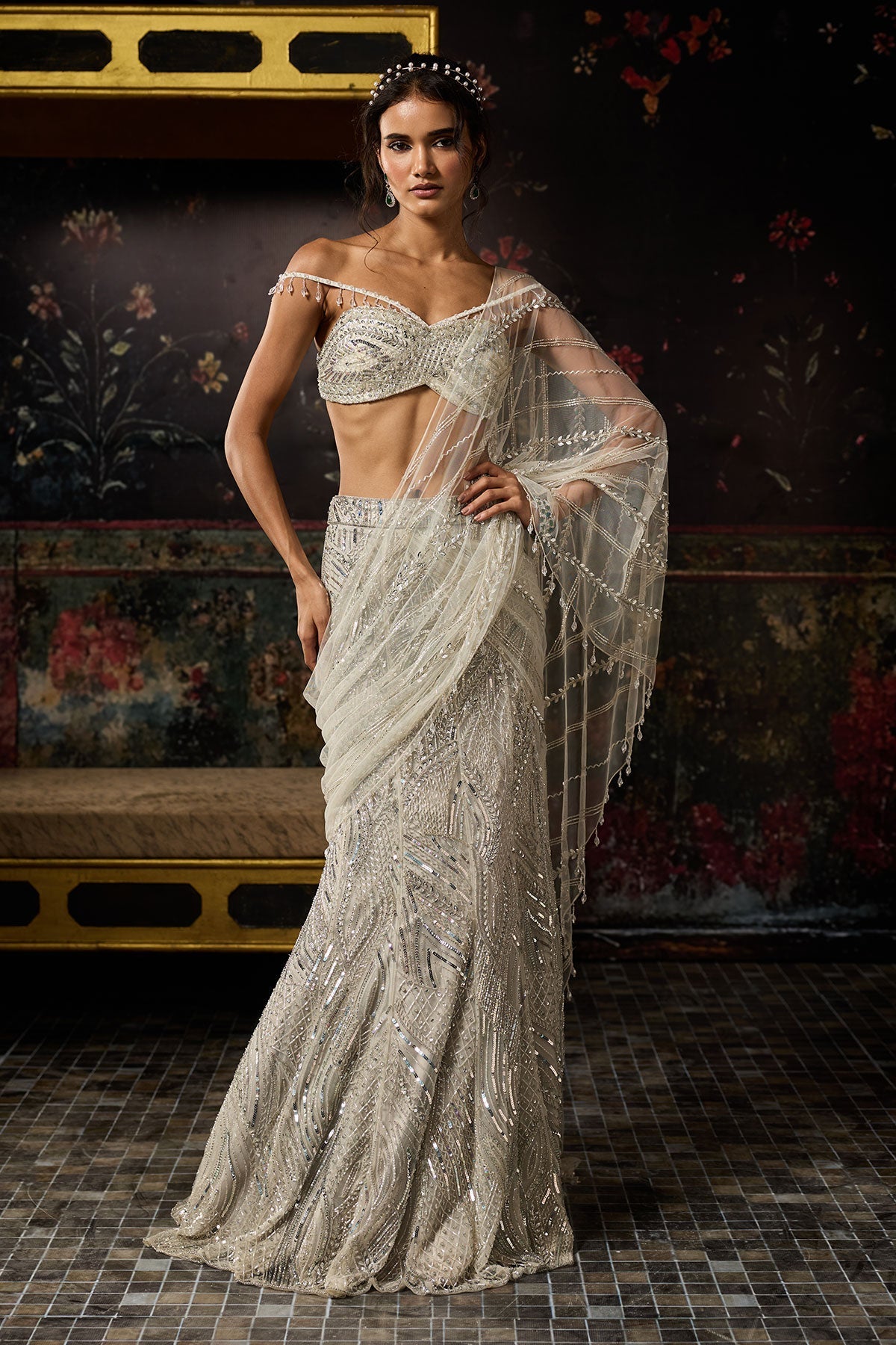 Silver Fully Embroidered Mermaid Skirt Saree Set - Ready To Ship