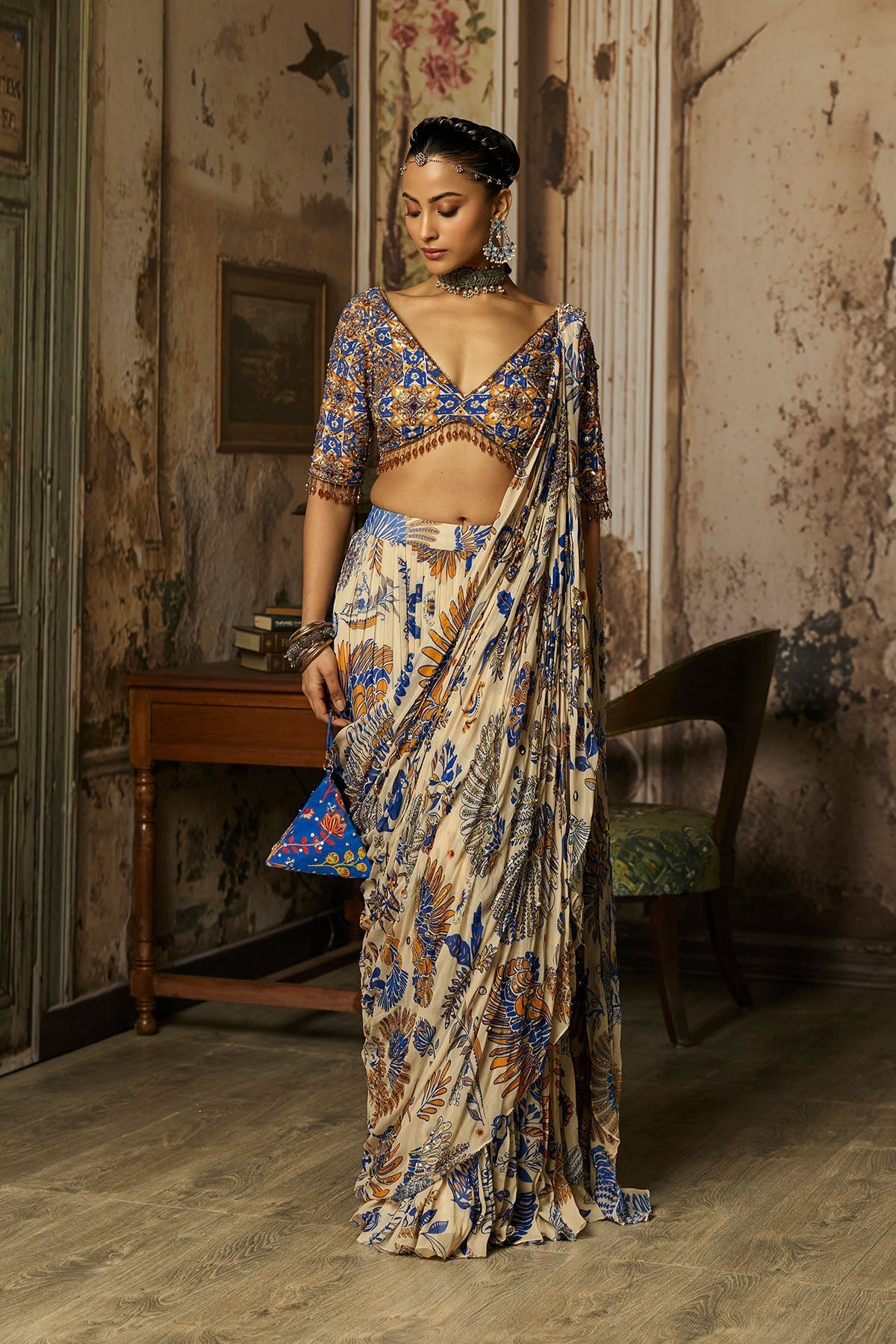 Ivory Printed And Highlighted Tiered Skirt Saree Set - Ready To Ship