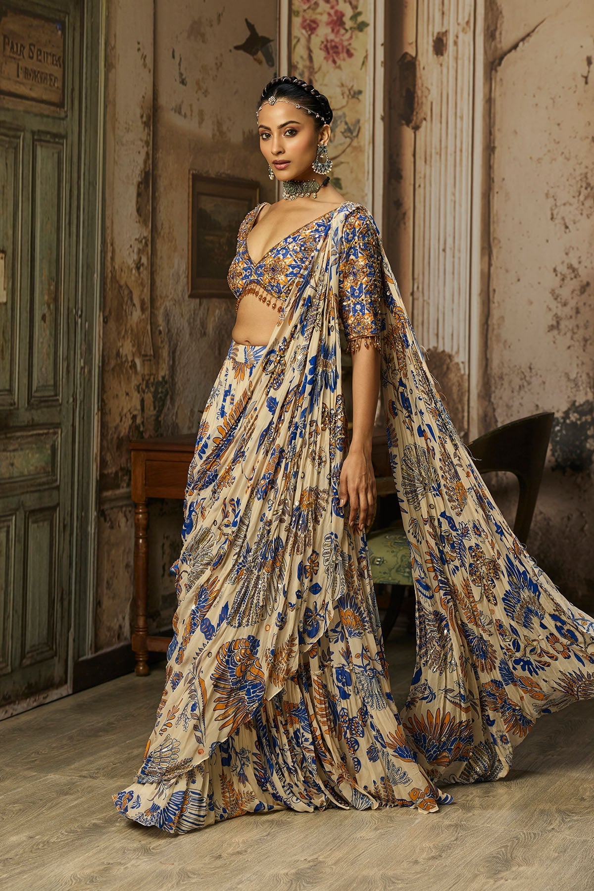 Ivory Printed And Highlighted Tiered Skirt Saree Set - Ready To Ship