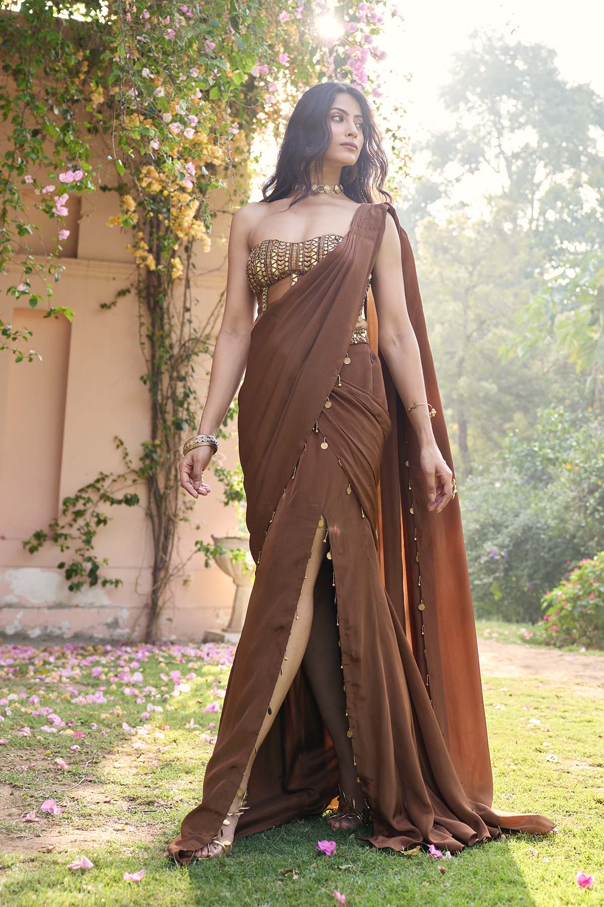 MOCHA BROWN TASSELED SLIT SAREE SET